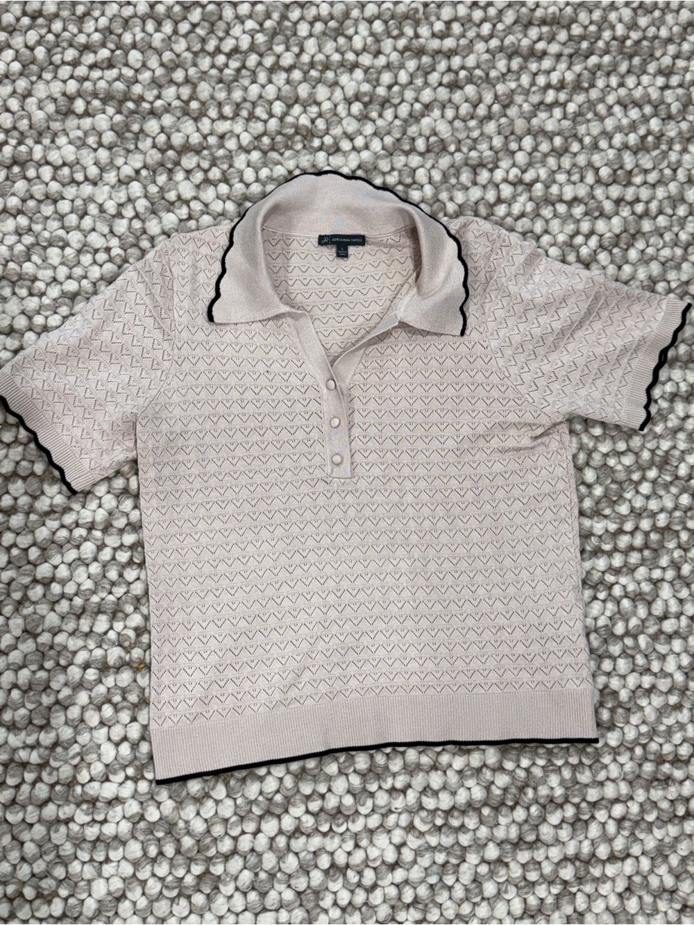 Adrianna Papell Open Knit Pointelle Scalloped Polo Sweater